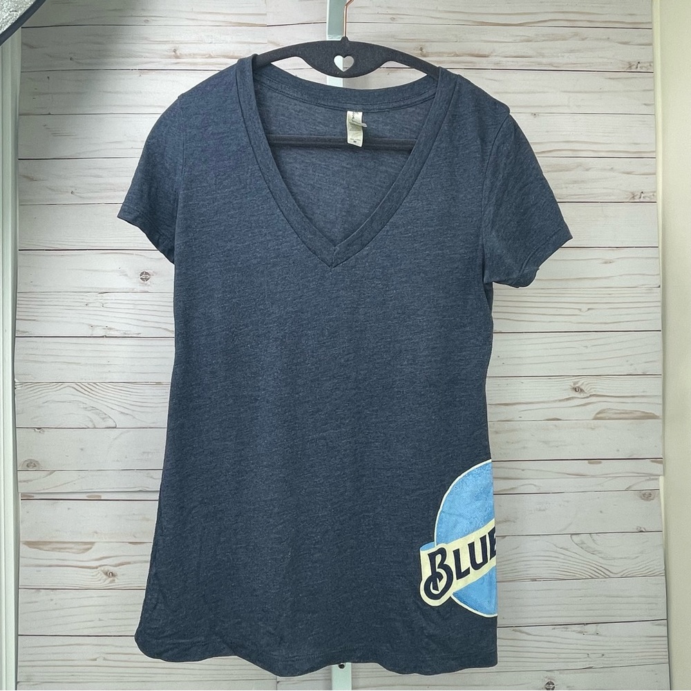 Blue Moon Beer Women's Size Medium Gun Metal Blue V-Neck Slim Fit T-shirt